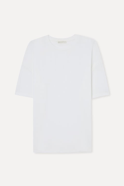 Erkek Beyaz Jakarlı Oversize Bisiklet Yaka T-Shirt