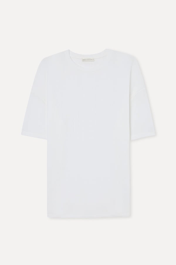 Erkek Beyaz Jakarlı Oversize Bisiklet Yaka T-Shirt