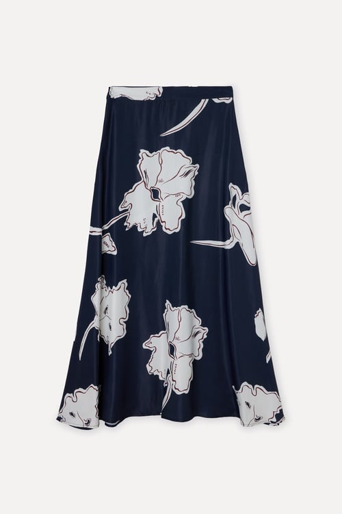 Kadın Lacivert Floral Desenli A Form Midi Etek