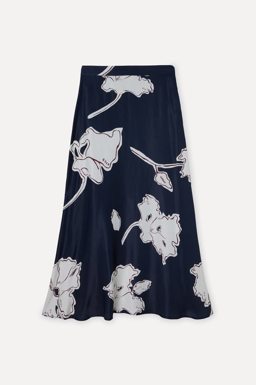 Kadın Lacivert Floral Desenli A Form Midi Etek