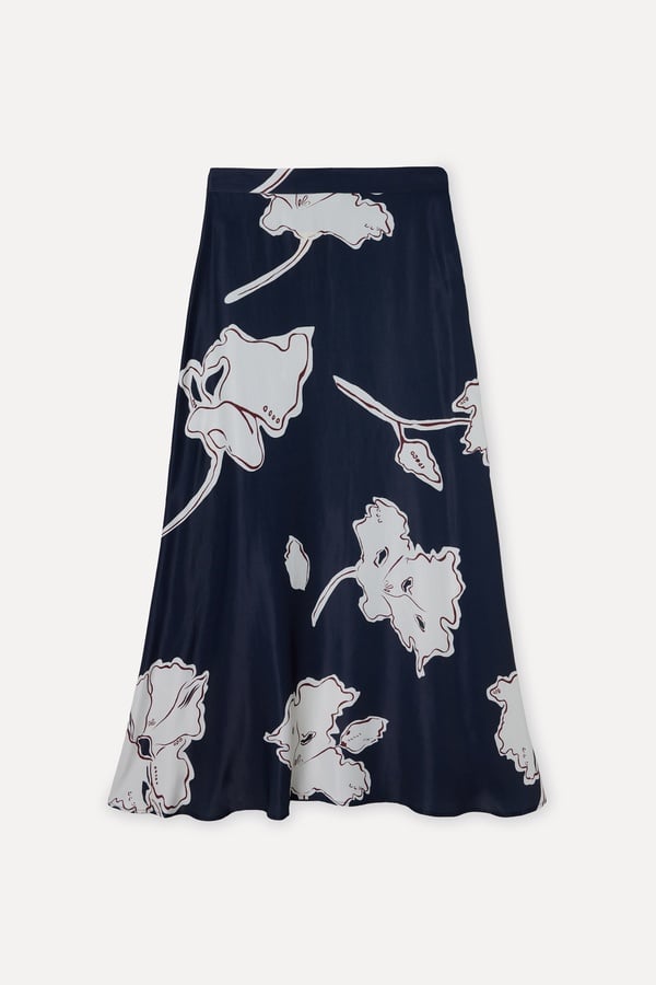 Kadın Lacivert Floral Desenli A Form Midi Etek