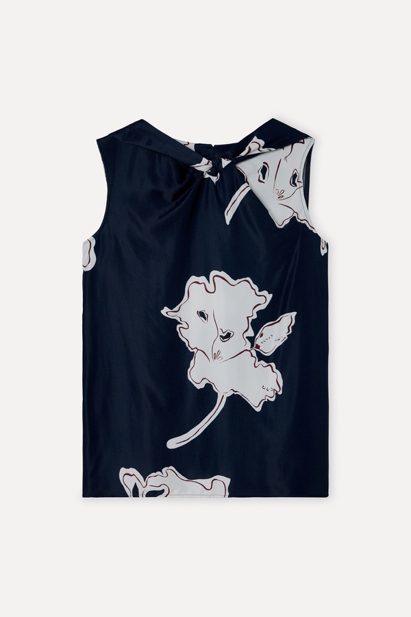 Kadın Lacivert Floral Desenli Yaka Detaylı Kolsuz Bluz
