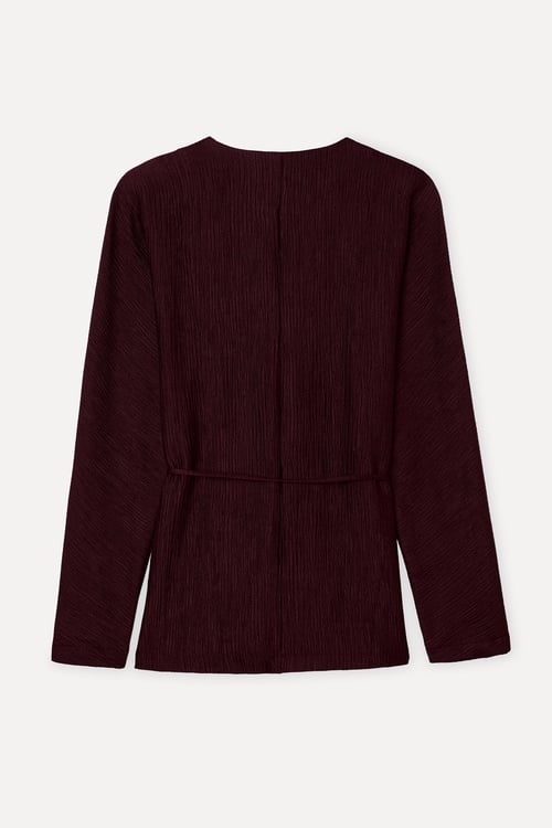 Kadın Bordo Loose Fit Bağlamalı V Yaka Uzun Kollu Bluz