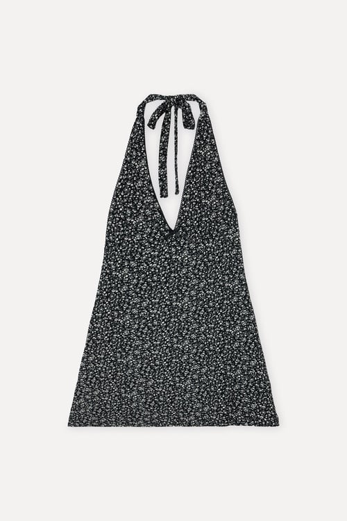 DESENLİ HALTER YAKA KOLSUZ MİNİ ELBİSE