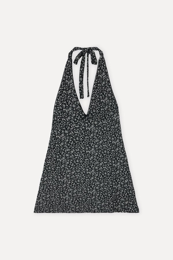 DESENLİ HALTER YAKA KOLSUZ MİNİ ELBİSE