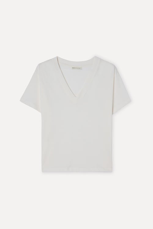Kadın Kırık Beyaz V Yaka T-Shirt