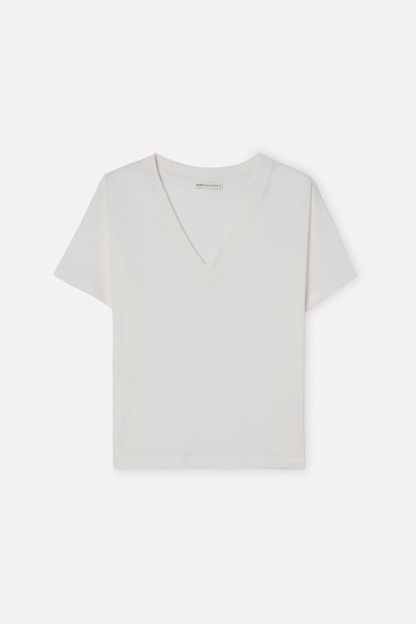 Kadın Kırık Beyaz V Yaka T-Shirt