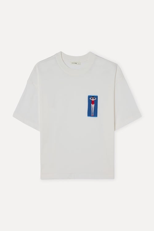 Kadın Beyaz Nakışlı Bisiklet Yaka T-Shirt