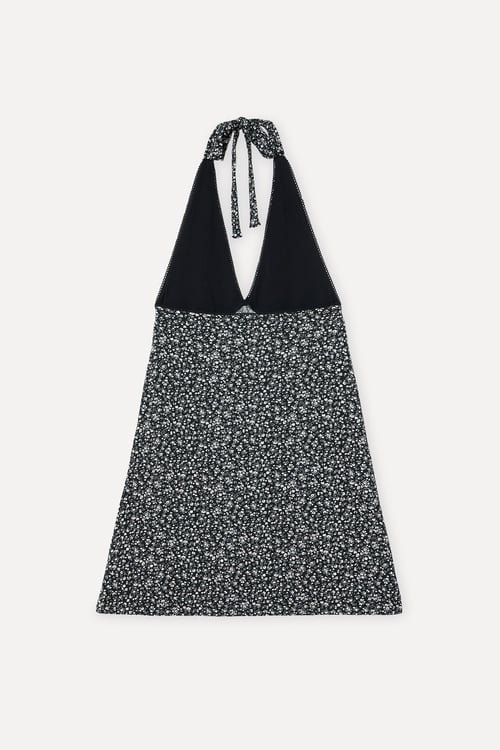 DESENLİ HALTER YAKA KOLSUZ MİNİ ELBİSE