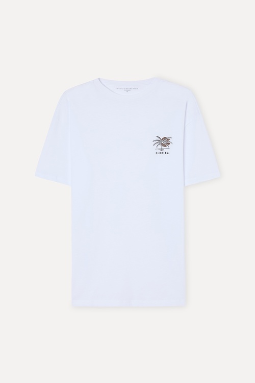 Erkek Beyaz Baskılı Oversize Bisiklet Yaka T-Shirt