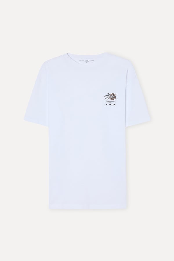 Erkek Beyaz Baskılı Oversize Bisiklet Yaka T-Shirt