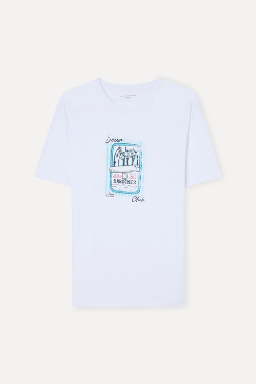 Erkek Beyaz Baskılı Comfort Fit Bisiklet Yaka T-Shirt