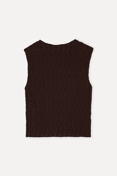 Kadın Kahverengi Dokulu Fitted Kolsuz Bluz