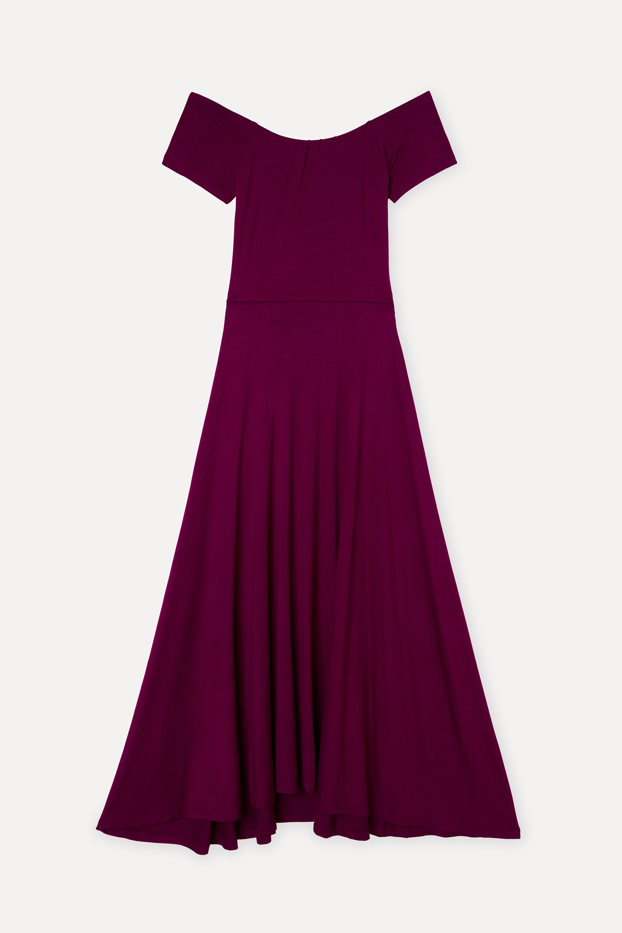 Kadın Mürdüm Kayık Yaka Kloş Midi Elbise