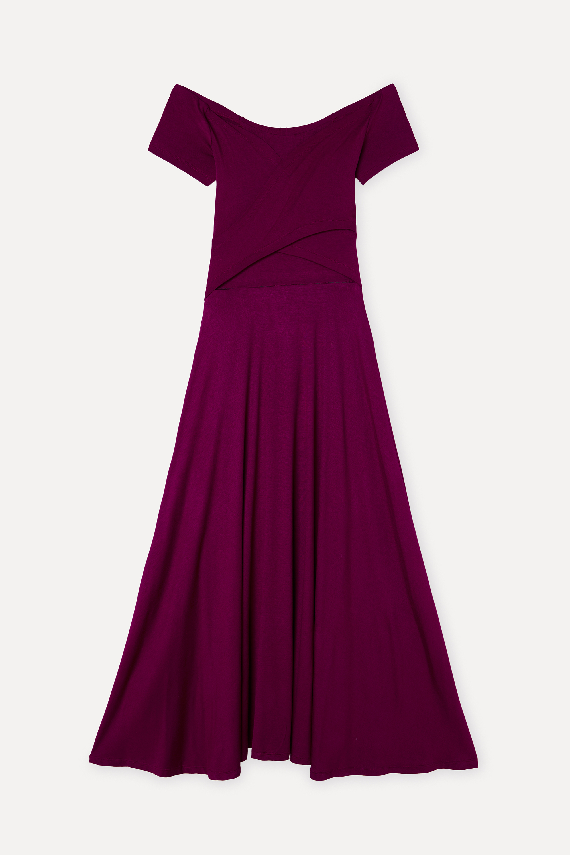 Kadın Mürdüm Kayık Yaka Kloş Midi Elbise