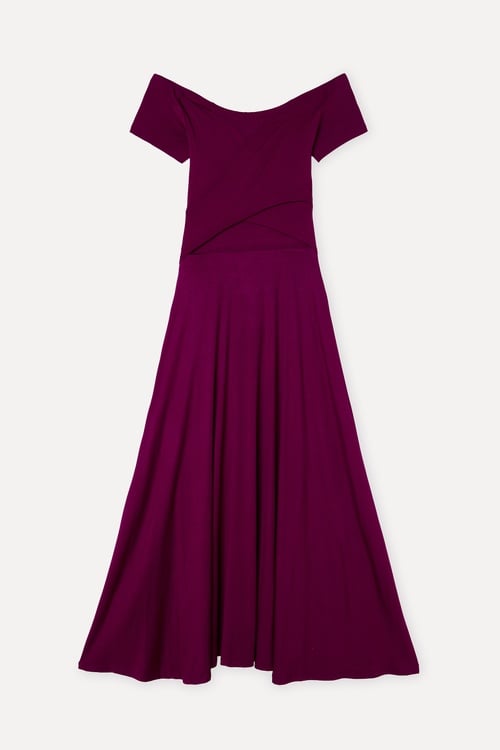 Kadın Mürdüm Kayık Yaka Kloş Midi Elbise