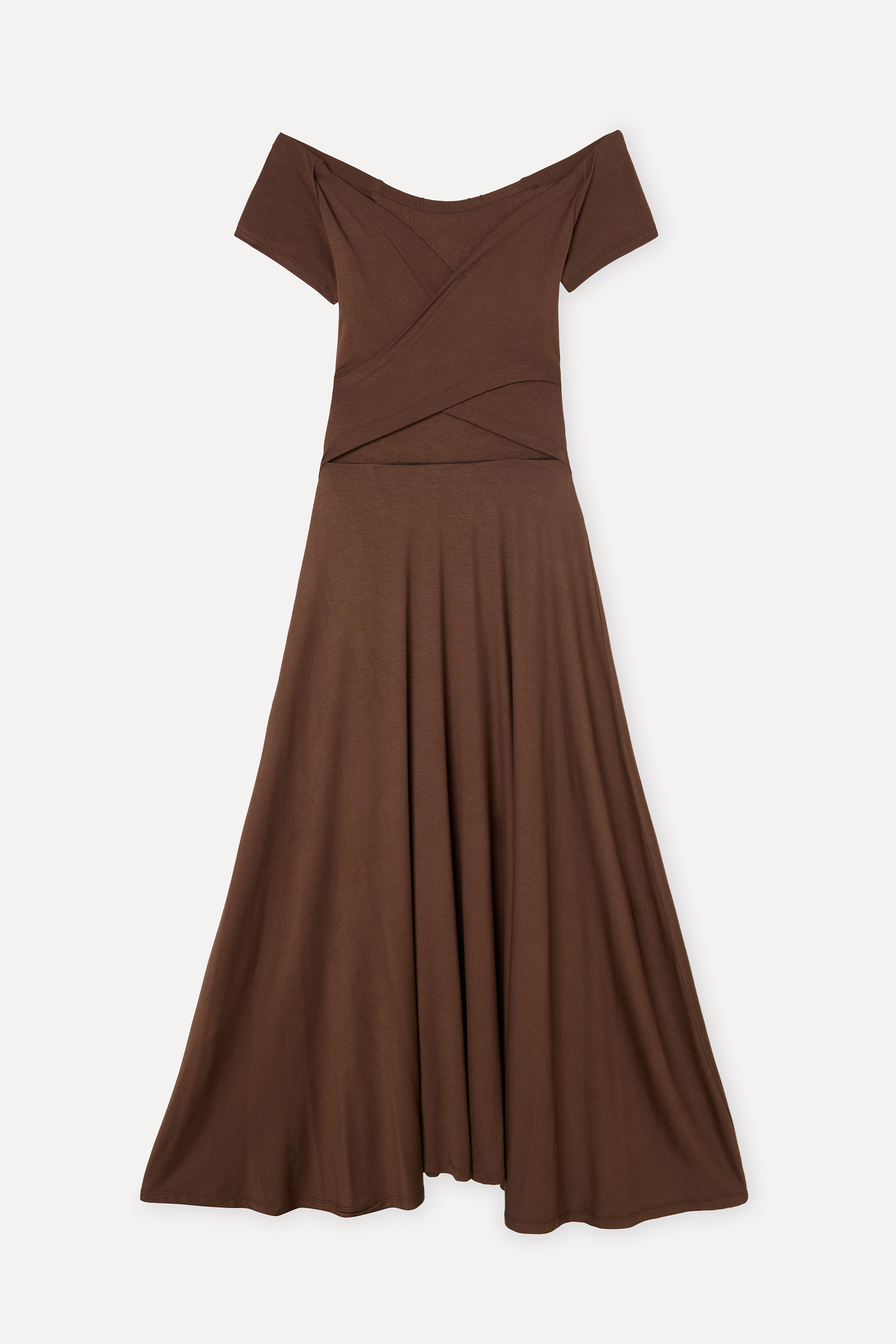 Kadın Kahverengi Kayık Yaka Kloş Midi Elbise