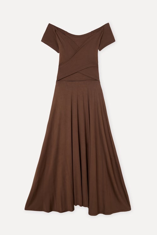 Kadın Kahverengi Kayık Yaka Kloş Midi Elbise