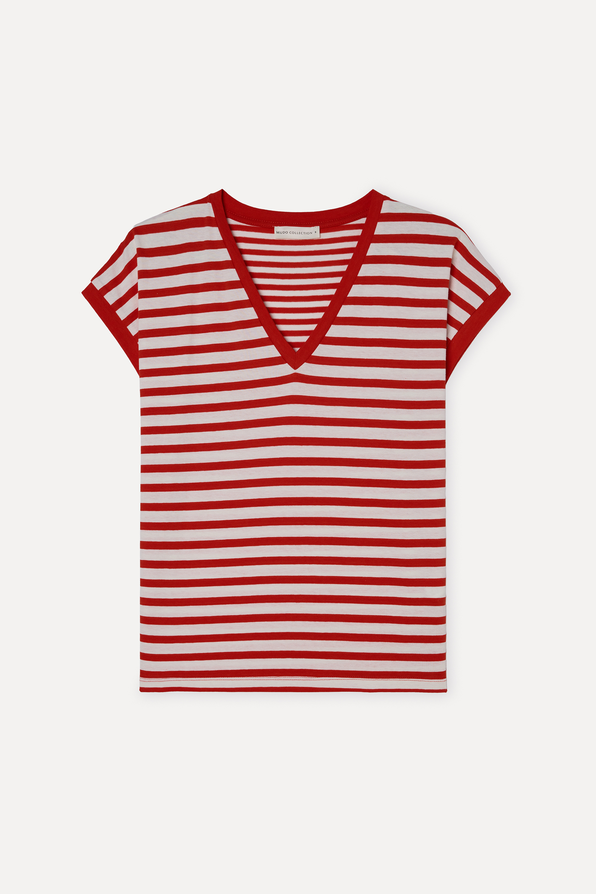 Kadın Kırmızı Çizgili Loose Fit V Yaka T-Shirt