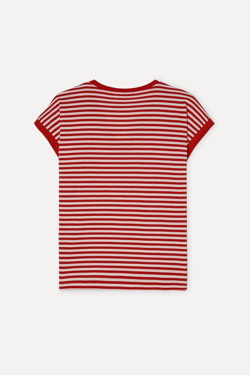 Kadın Kırmızı Çizgili Loose Fit V Yaka T-Shirt