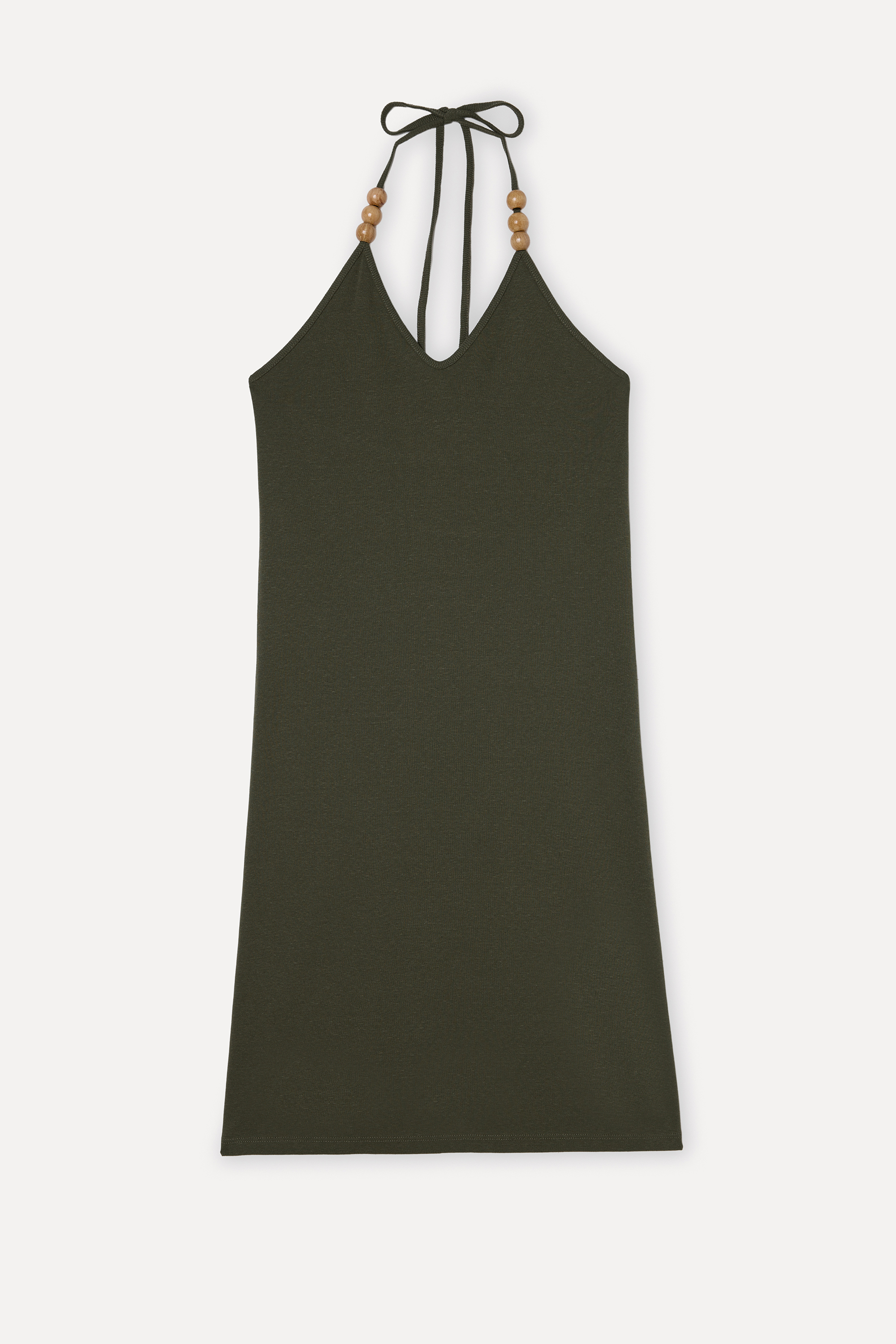 Kadın Yeşil Keten Karşımlı Halter Yaka A Form Mini Elbise