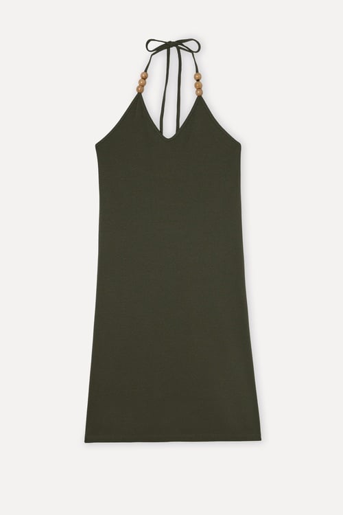 Kadın Yeşil Keten Karşımlı Halter Yaka A Form Mini Elbise