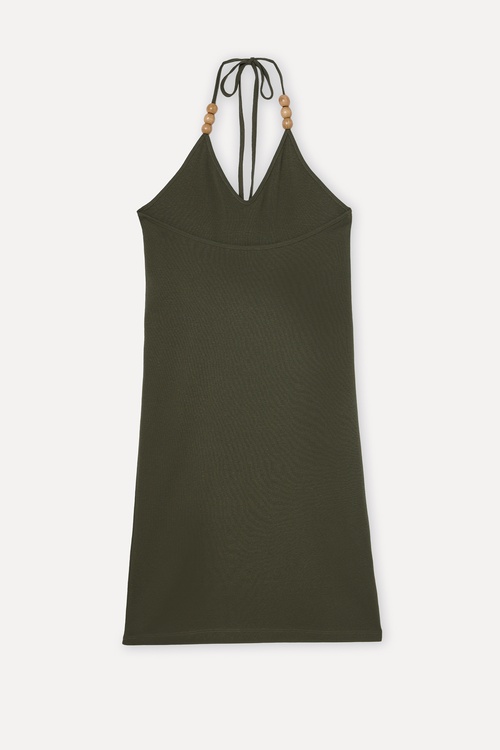  Kadın Yeşil Keten Karşımlı Halter Yaka A Form Mini Elbise