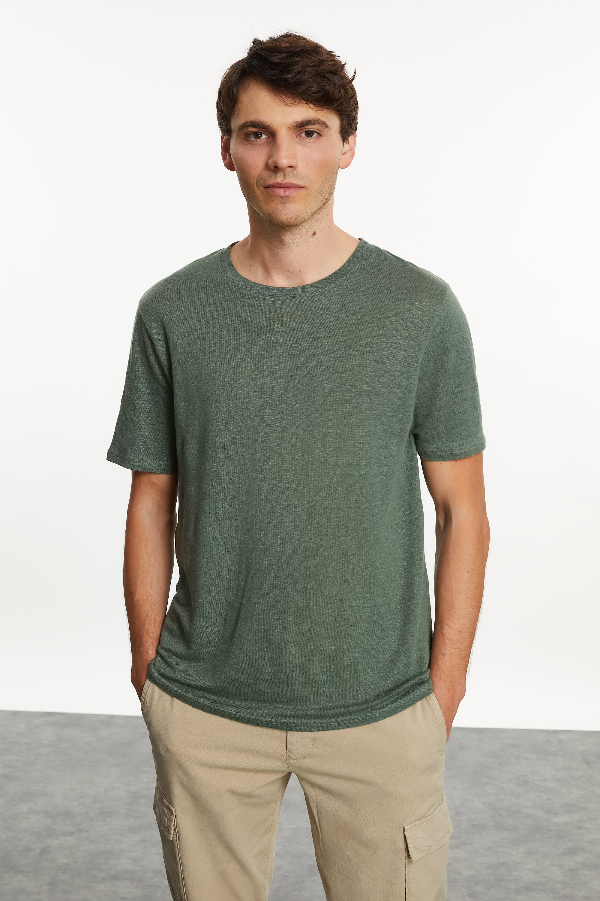 Erkek Yeşil Bisiklet Yaka Keten T-Shirt