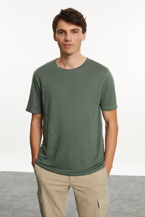  Erkek Yeşil Bisiklet Yaka Keten T-Shirt