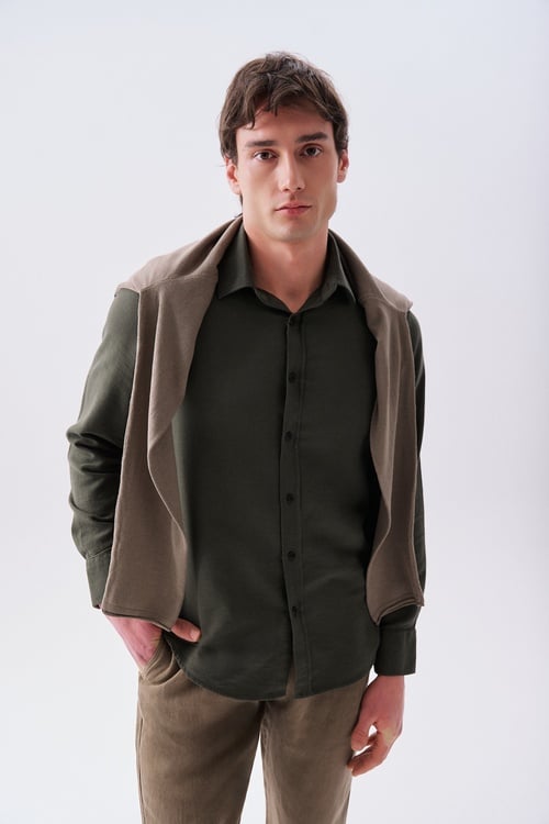  Erkek Vizon Rengi Regular Fit Uzun Kollu Gömlek