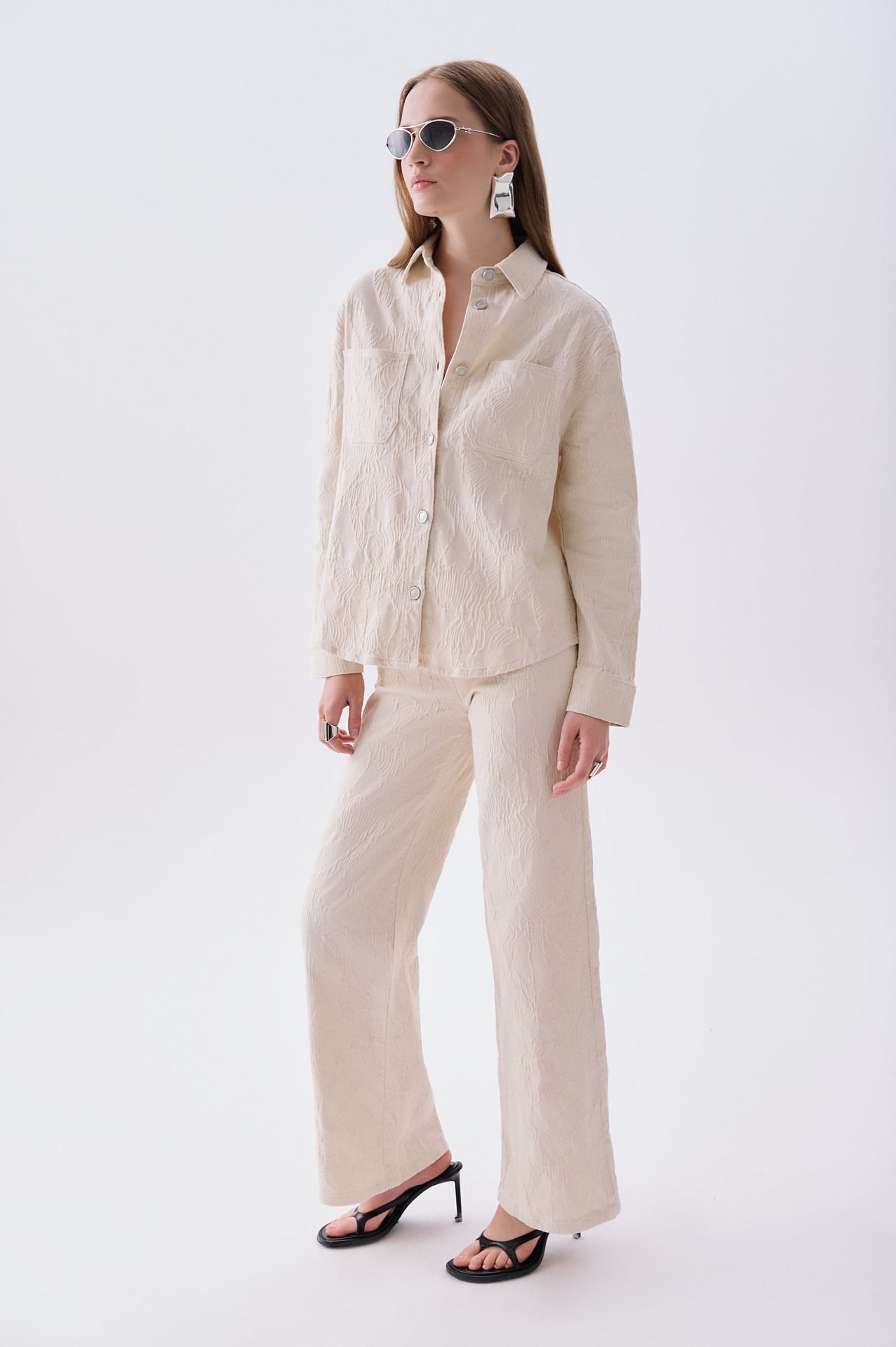 Kadın Ekru Jakarlı Wide Leg Pantolon