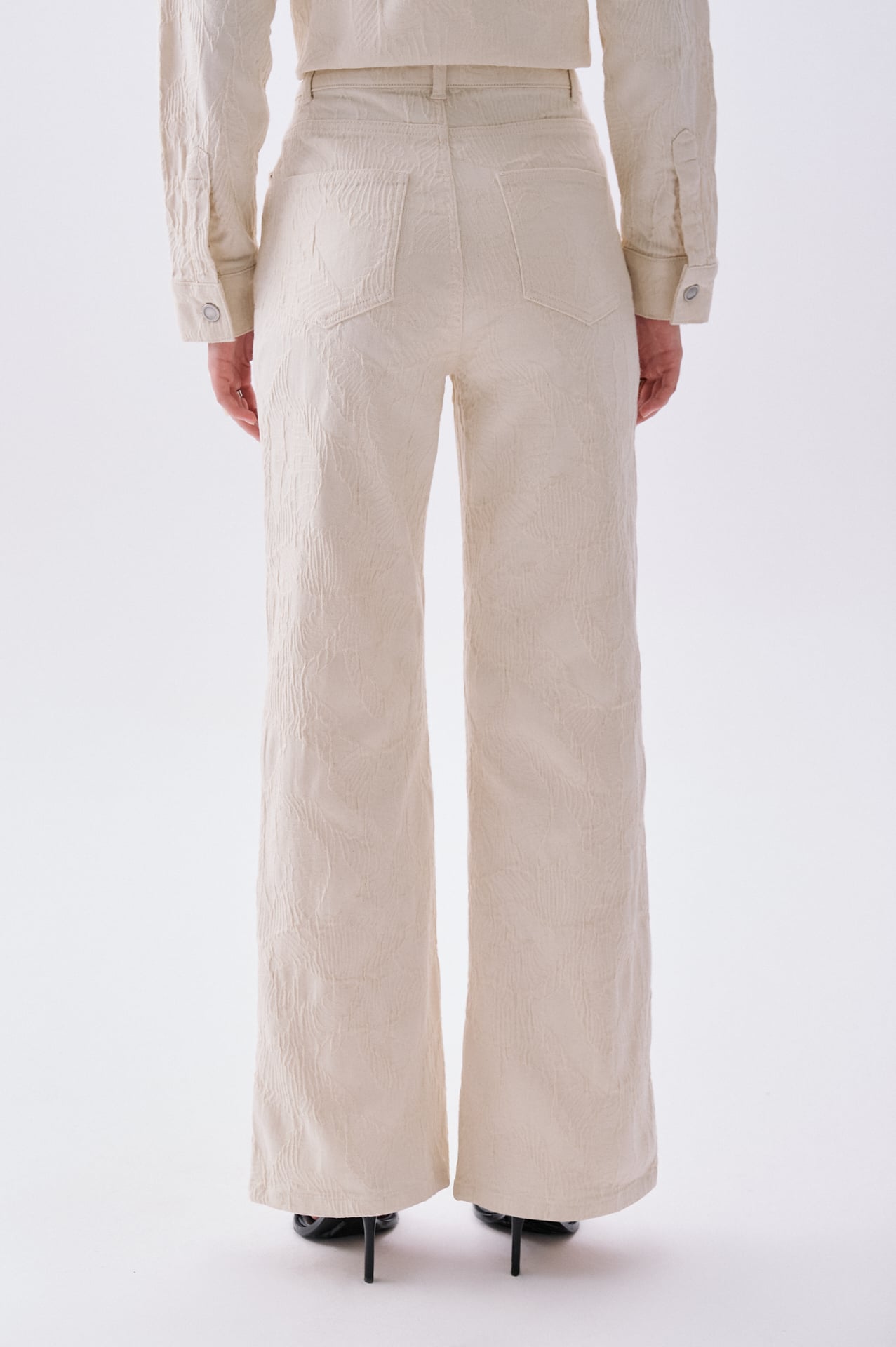Kadın Ekru Jakarlı Wide Leg Pantolon
