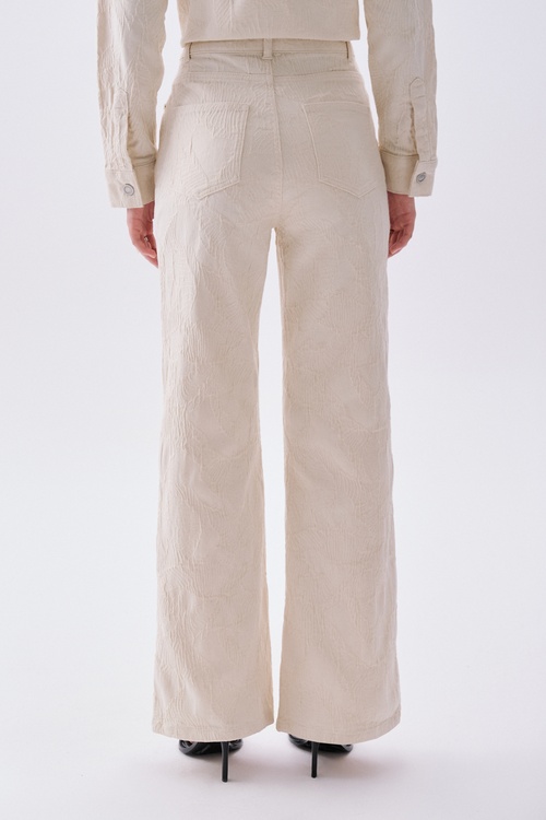  Kadın Ekru Jakarlı Wide Leg Pantolon
