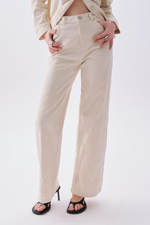  Kadın Ekru Jakarlı Wide Leg Pantolon