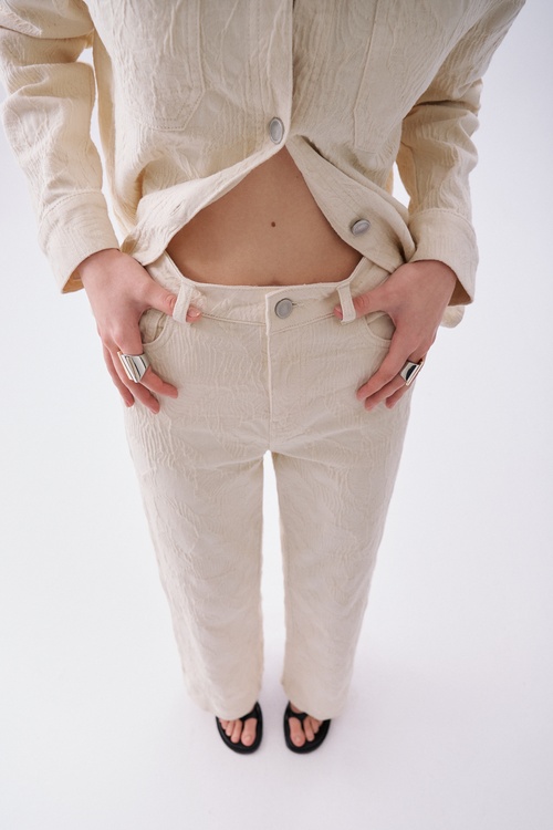  Kadın Ekru Jakarlı Wide Leg Pantolon