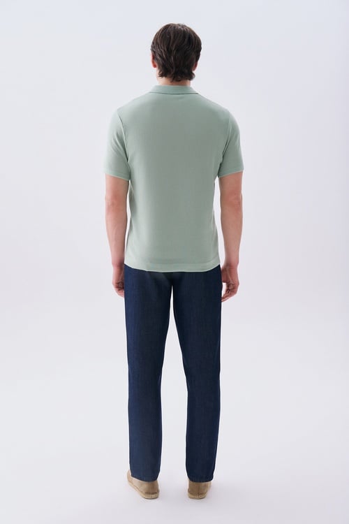  Erkek Yeşil Düğmeli Polo Yaka Kısa Kollu Triko Kazak