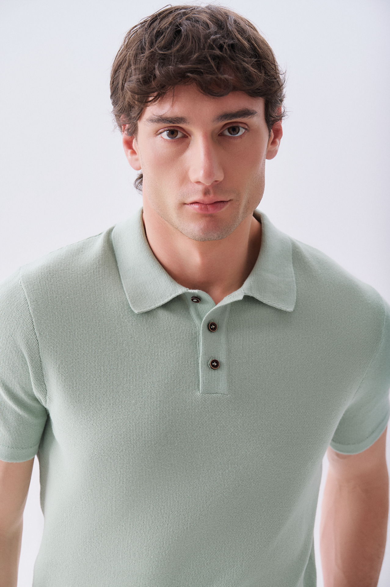 Erkek Yeşil Düğmeli Polo Yaka Kısa Kollu Triko Kazak
