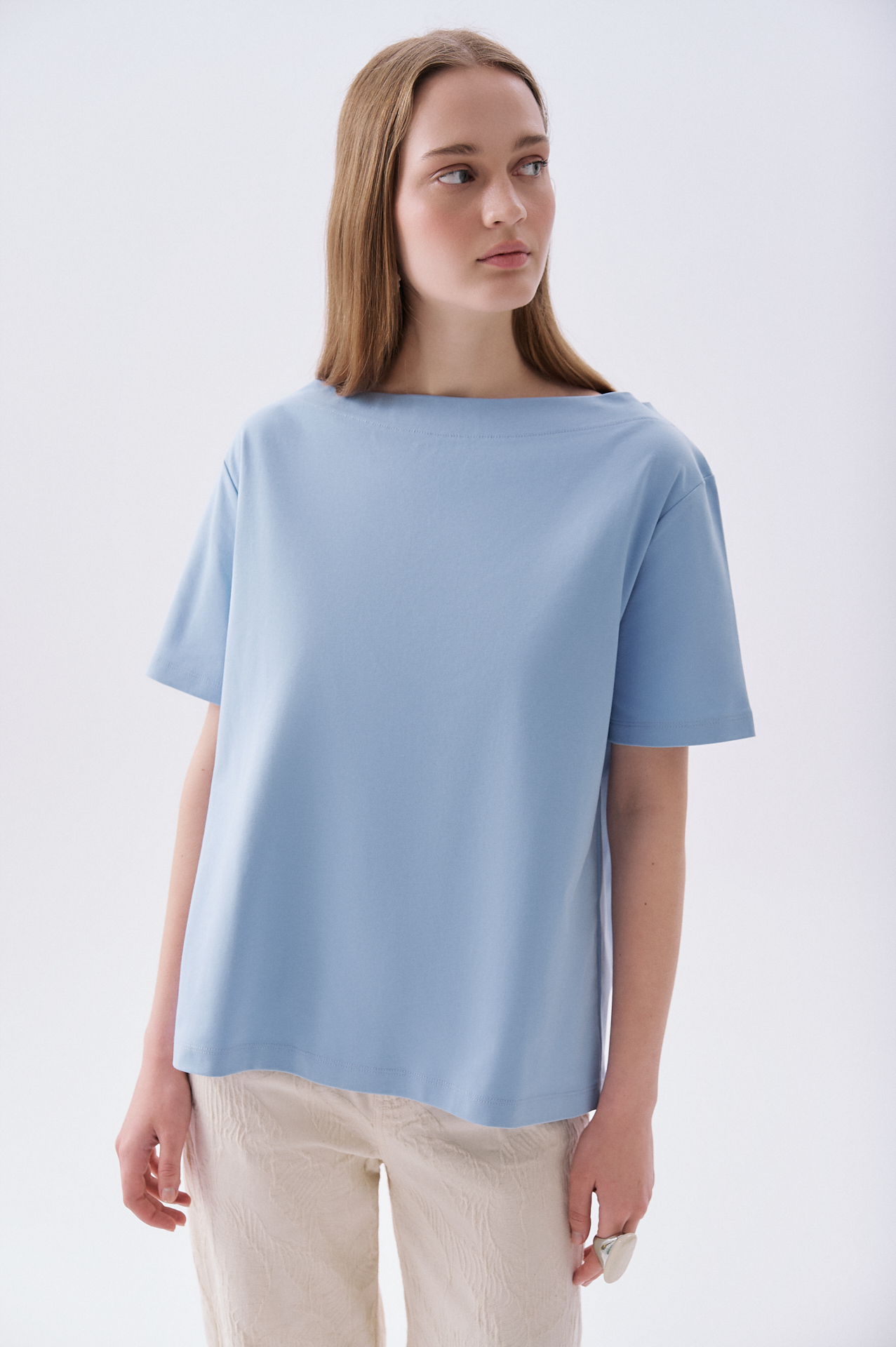 Kadın Mavi Loose Fit Kayık Yaka T-Shirt