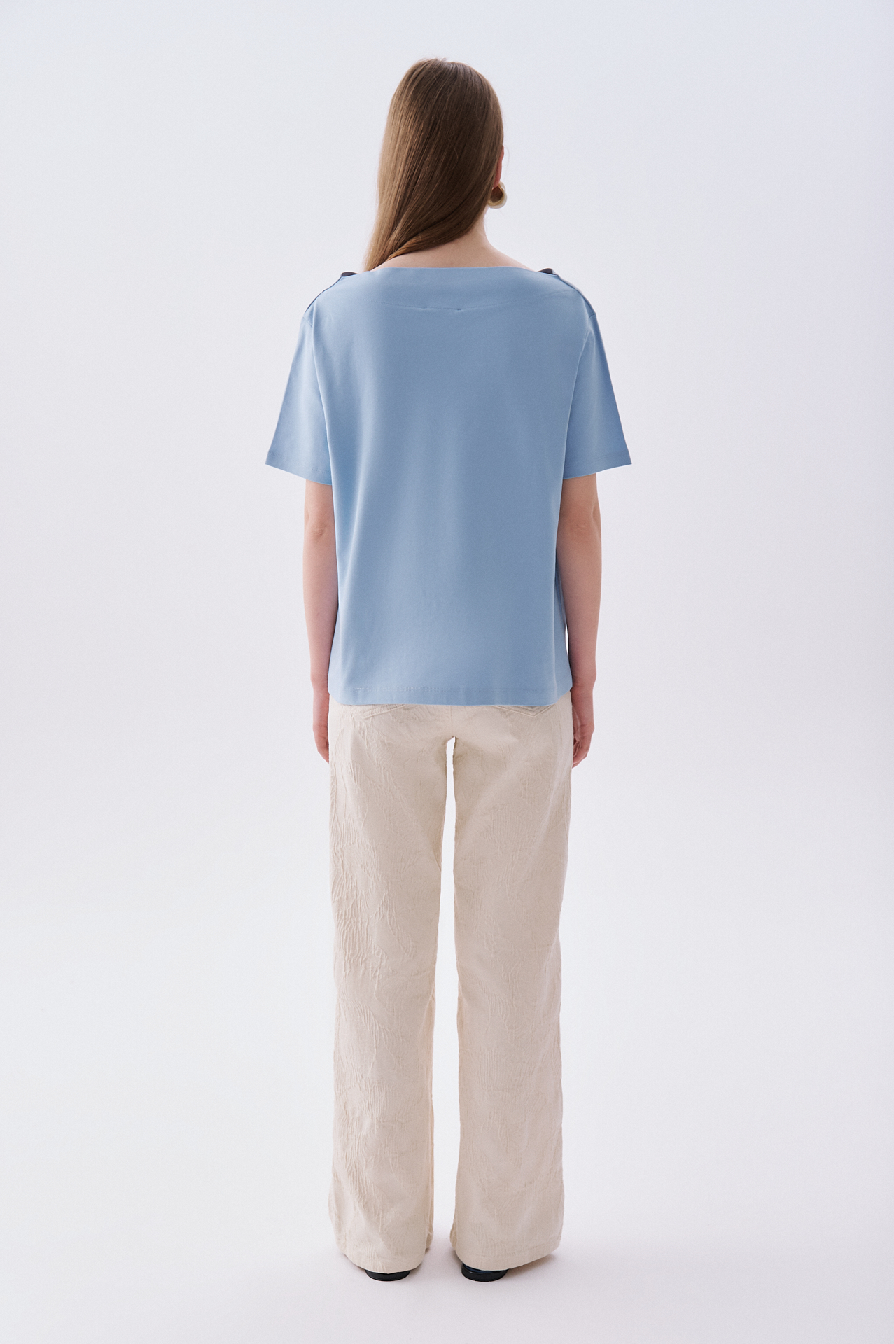 Kadın Mavi Loose Fit Kayık Yaka T-Shirt