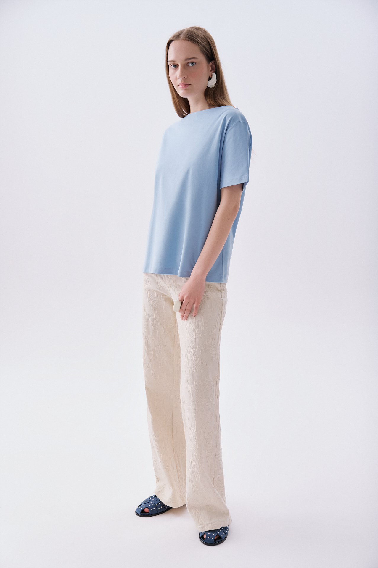 Kadın Mavi Loose Fit Kayık Yaka T-Shirt