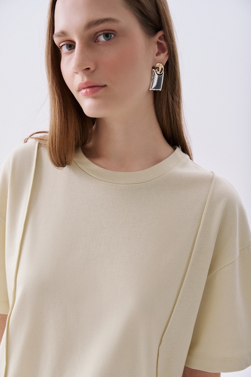  Kadın Sarı Nervür Dikişli Oversize Bisiklet Yaka T-Shirt