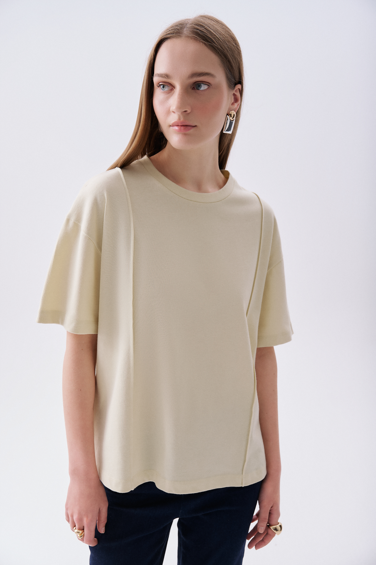 Kadın Sarı Nervür Dikişli Oversize Bisiklet Yaka T-Shirt