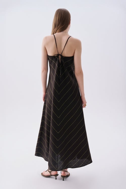 ÇİZGİLİ A FORM ASKILI MİDİ KETEN ELBİSE