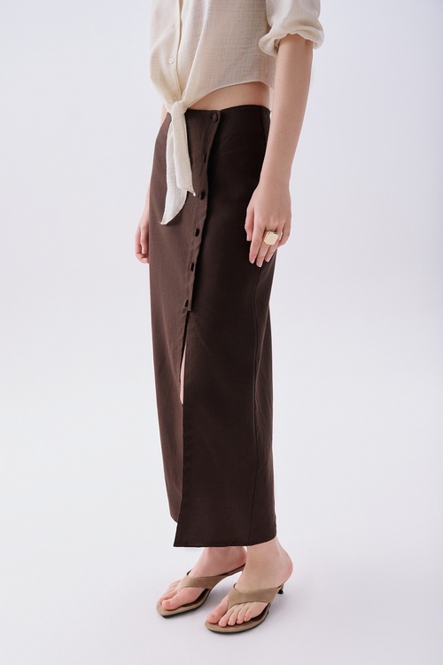 DÜĞME DETAYLI MİDİ KETEN ETEK