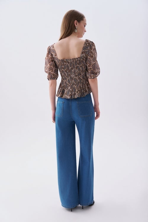 DESENLİ GİPELİ BALON KOL BLUZ