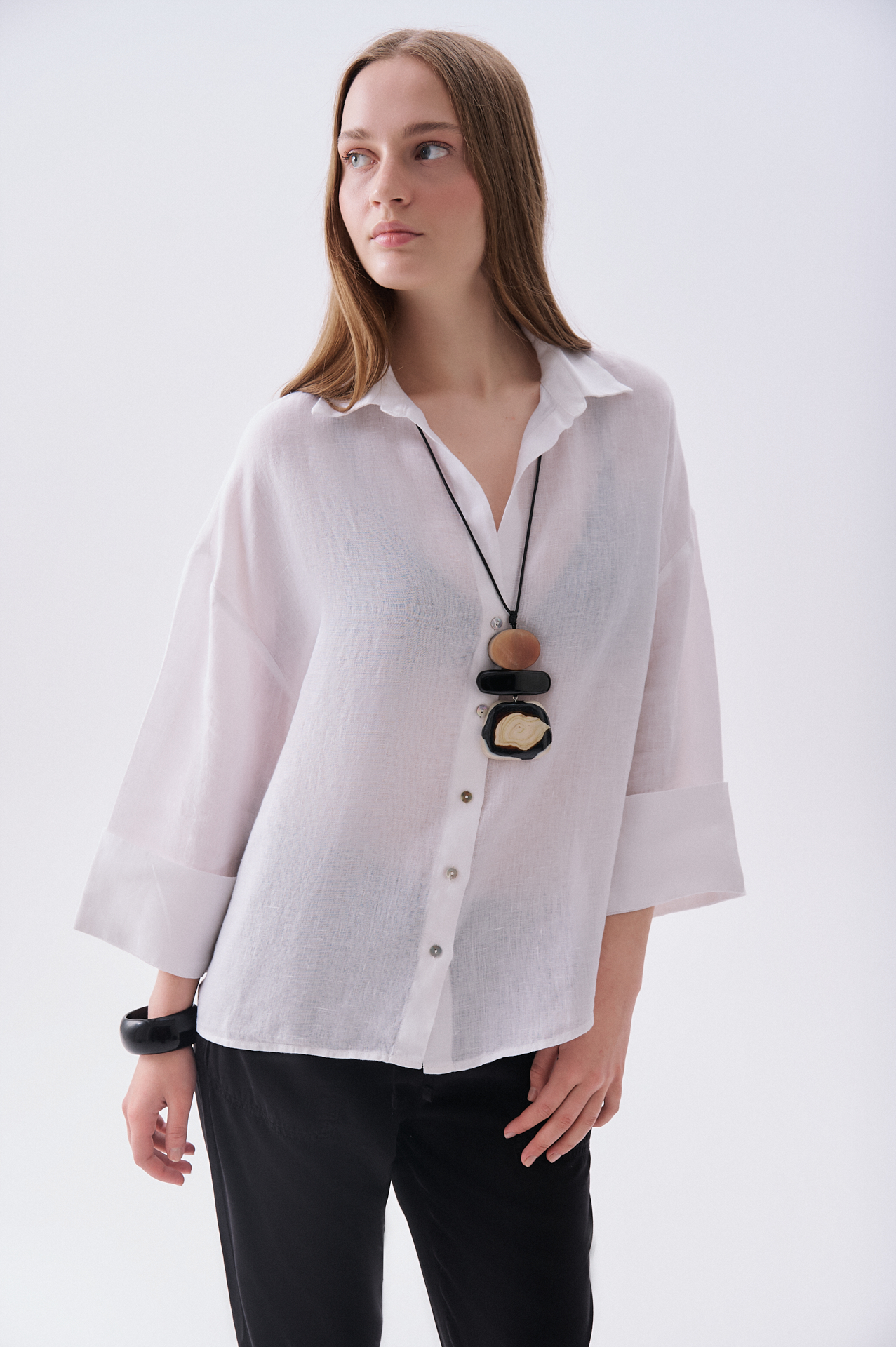 Kadın Beyaz Oversize 3/4 Kol Keten Gömlek