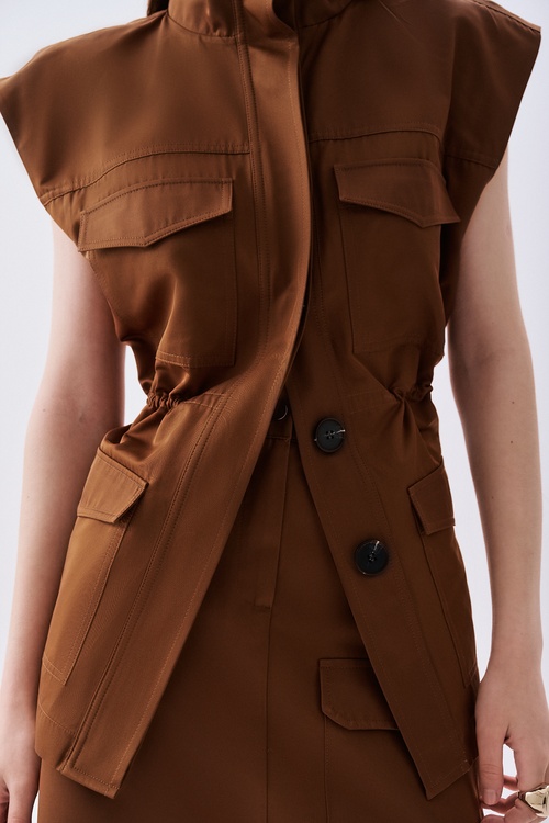  Kadın Kahverengi Dik Yaka Çok Cepli Yelek