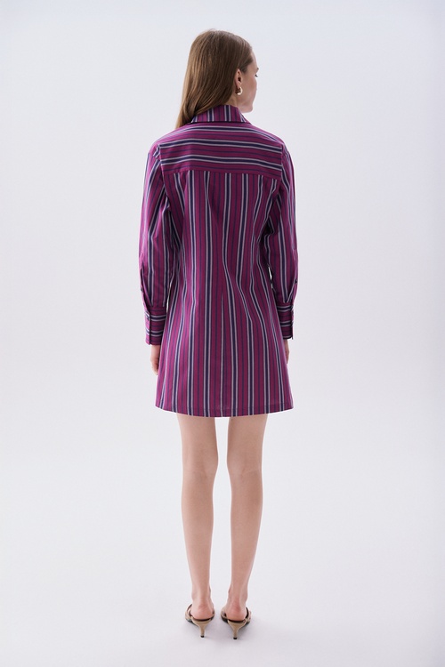  ÇİZGİLİ DÜĞME DETAYLI MİNİ ELBİSE