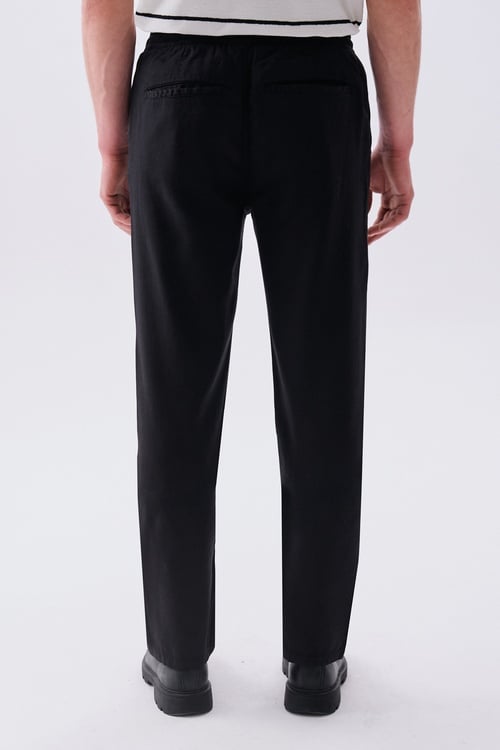  Erkek Siyah Straight Fit Beli Bağlamalı Pantolon