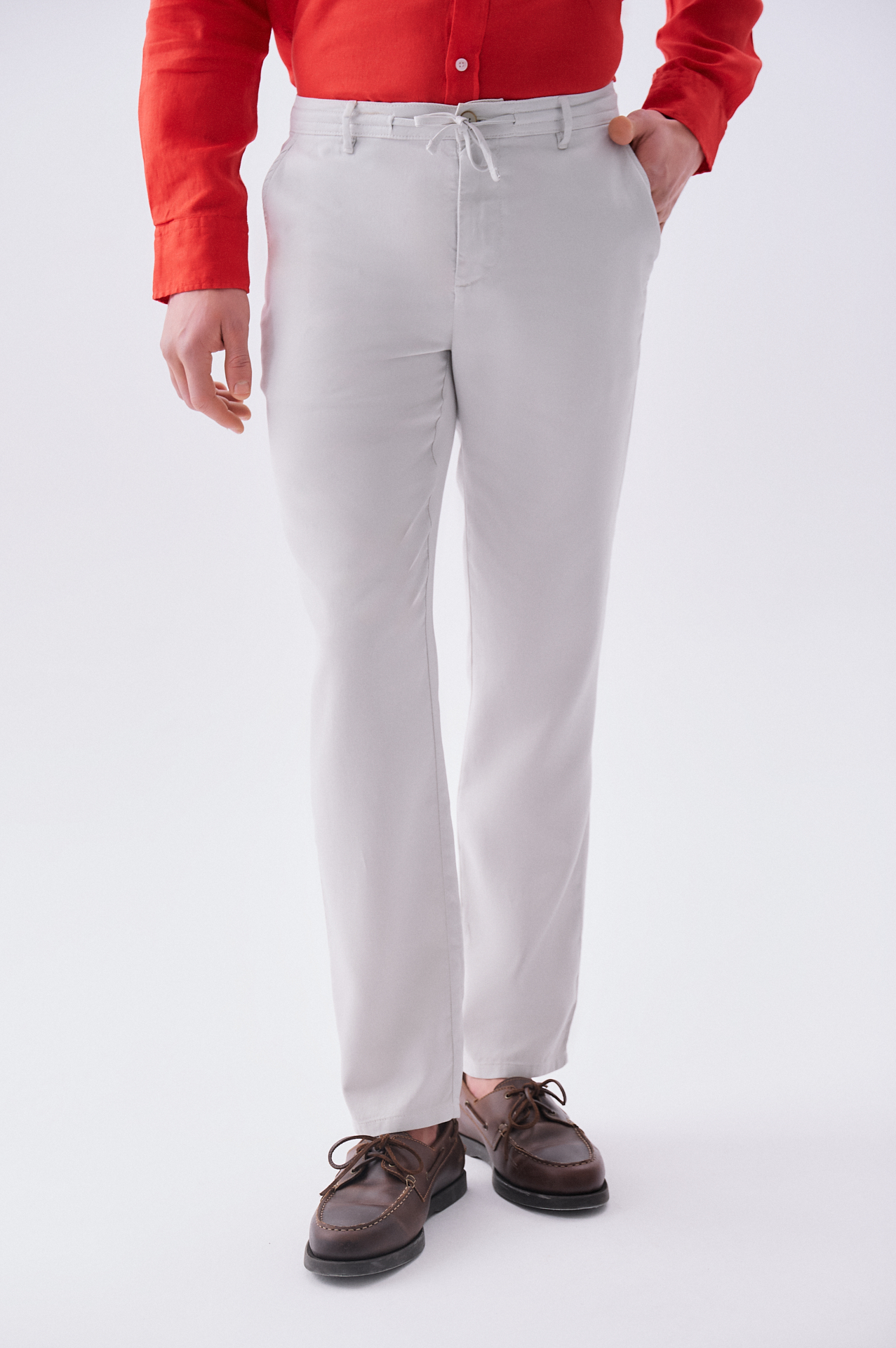 Erkek Gri Slim Straight Fit Beli Bağlamalı Pantolon